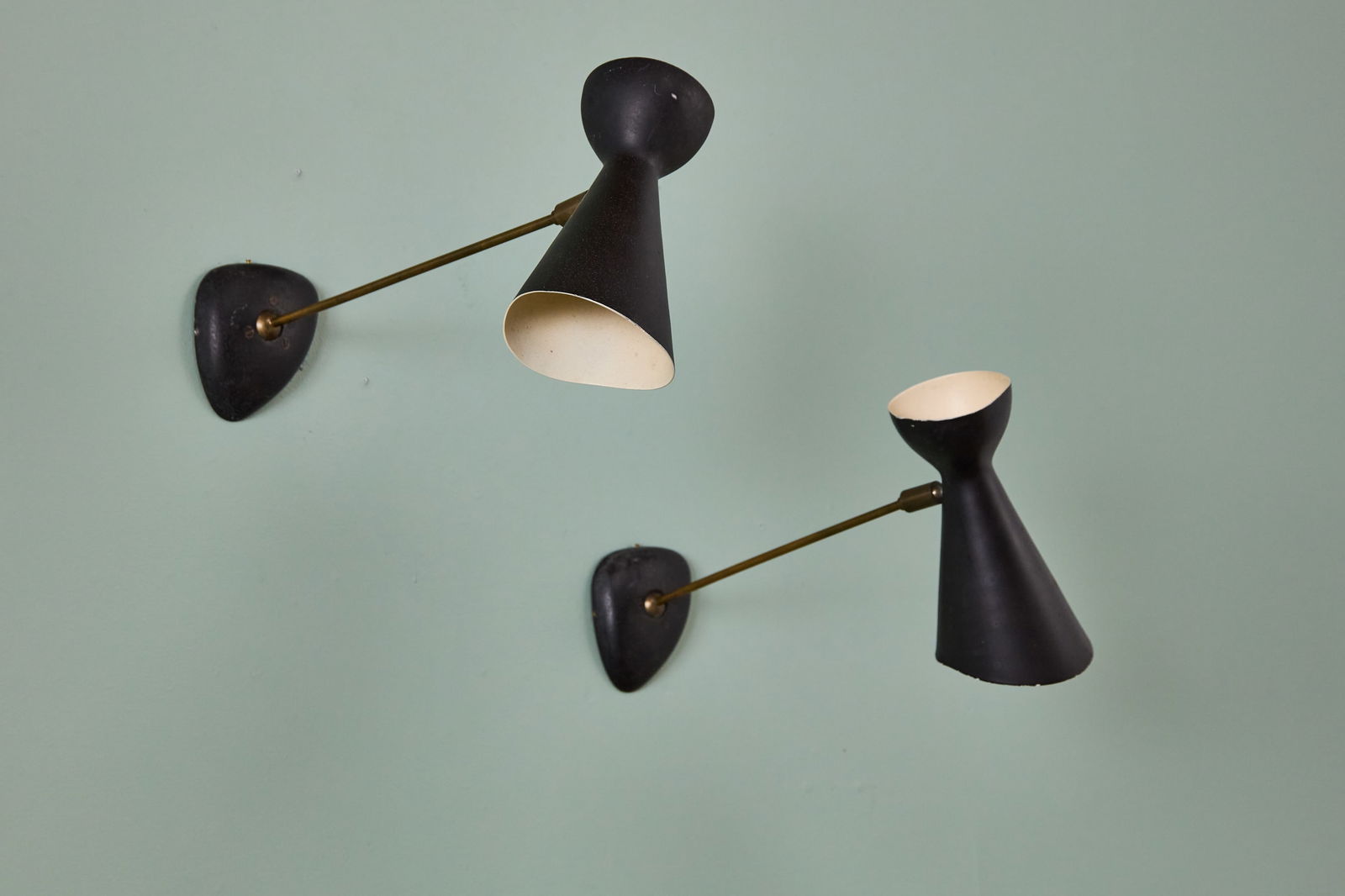 Robert Mathieu, Sconces (2): ROBERT MATHIEU Pair of wall sconces, 1954 Painted aluminum, painted iron, brass, wood. Produced by R. Mathieu, France. Each: 9.75" H x 22" D Provenance: Bonhams, Brussels,