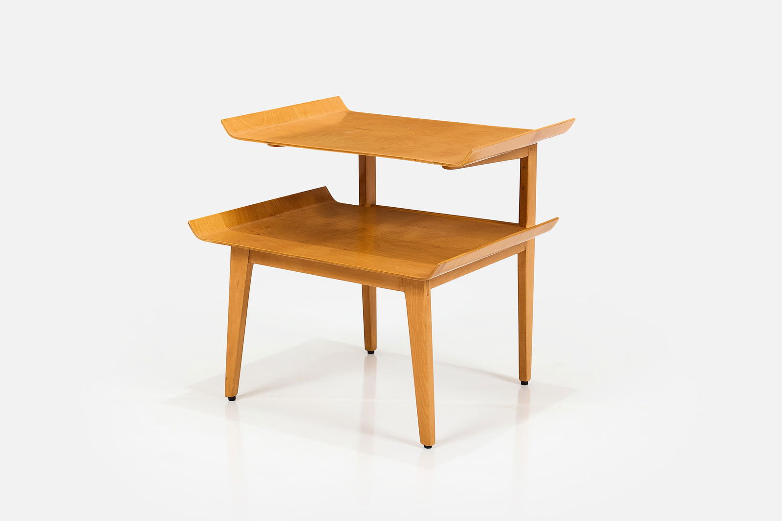Abel Sorensen, Two-Tier Side Table: ABEL SORENSEN Two-tier side table, ca. 1948 Molded birch plywood, birch. Manufactured by Knoll, USA. Underside with partial manufacturer's label. 23.5" H x 24" W x 21.25" D