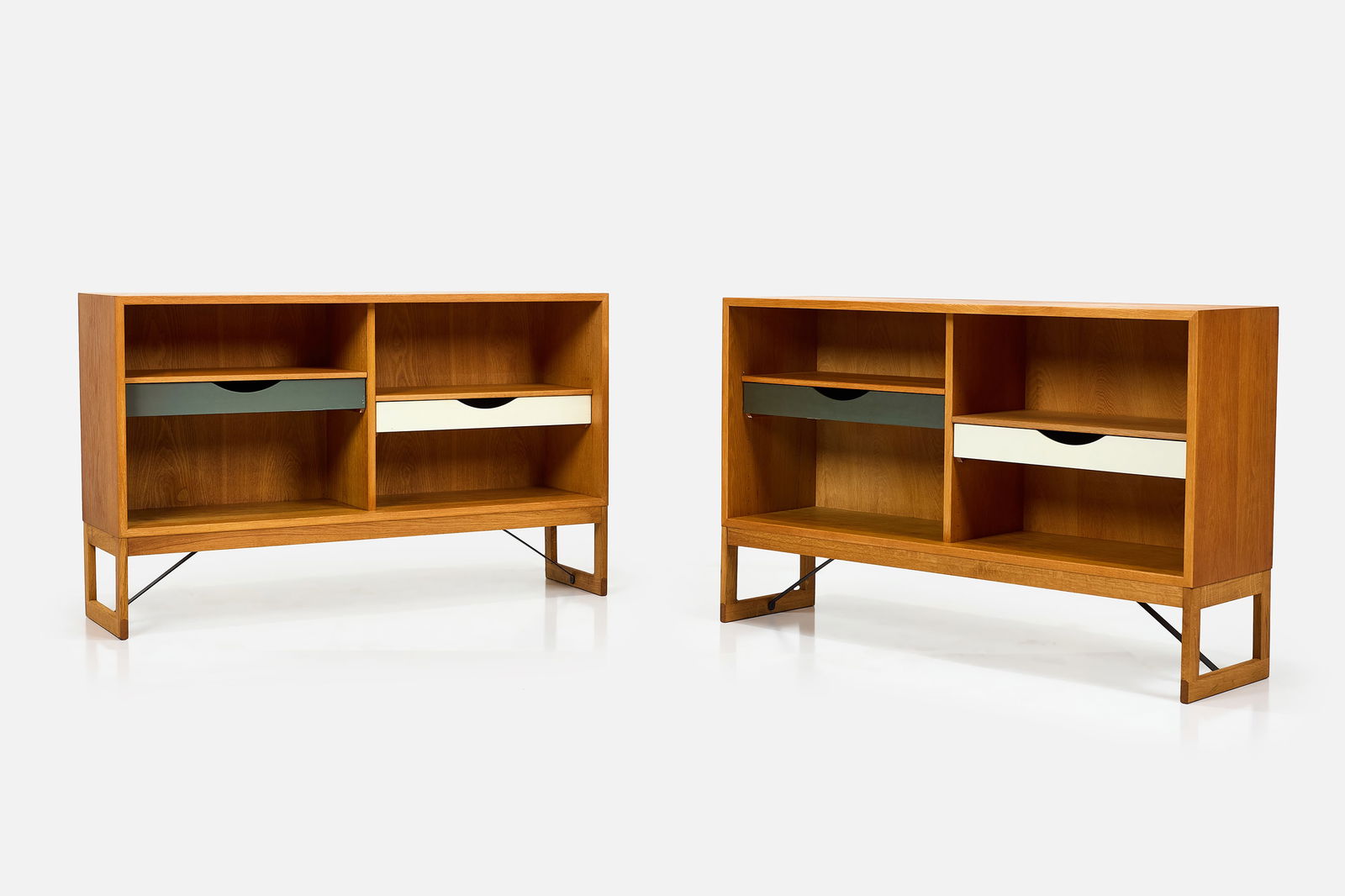 Borge Mogensen, Cabinets (2): BORGE MOGENSENPair of cabinets, ca. 1955Teak, oak, lacquered wood, enameled steel. Produced by Karl Andersson & Soner, Denmark / Sweden.Karl Andersson sticker to the back of one. Each: