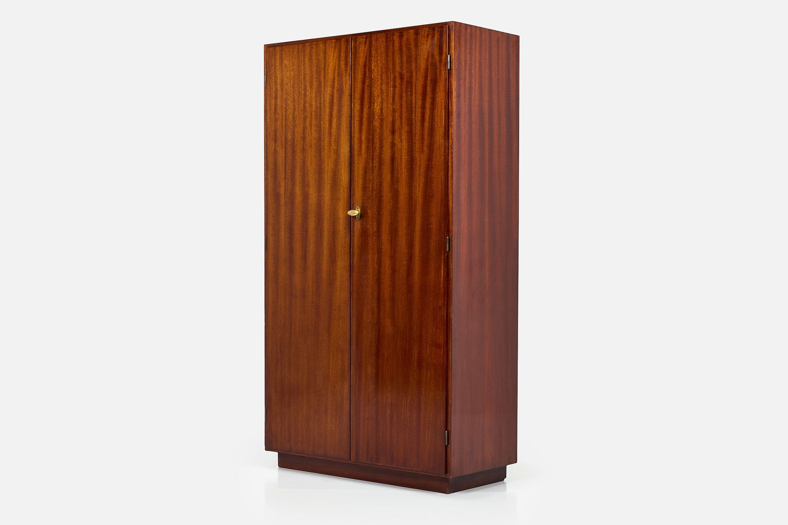 Swedish, Wardrobe Cabinet: SWEDISH Wardrobe cabinet, 1950s Mahogany, brass, mirrored glass, metal. 71" H x 31" W x 18" D