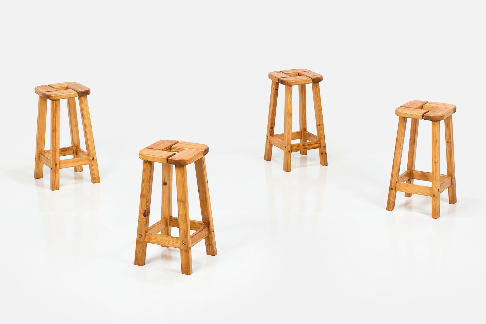 Olof Ottelin (Attrib.), Stools (4): OLOF OTTELIN (Attrib.) Set of four stools, 1960s Pine. Produced in Sweden. Each: 25.5" H x 14" W x 13" D