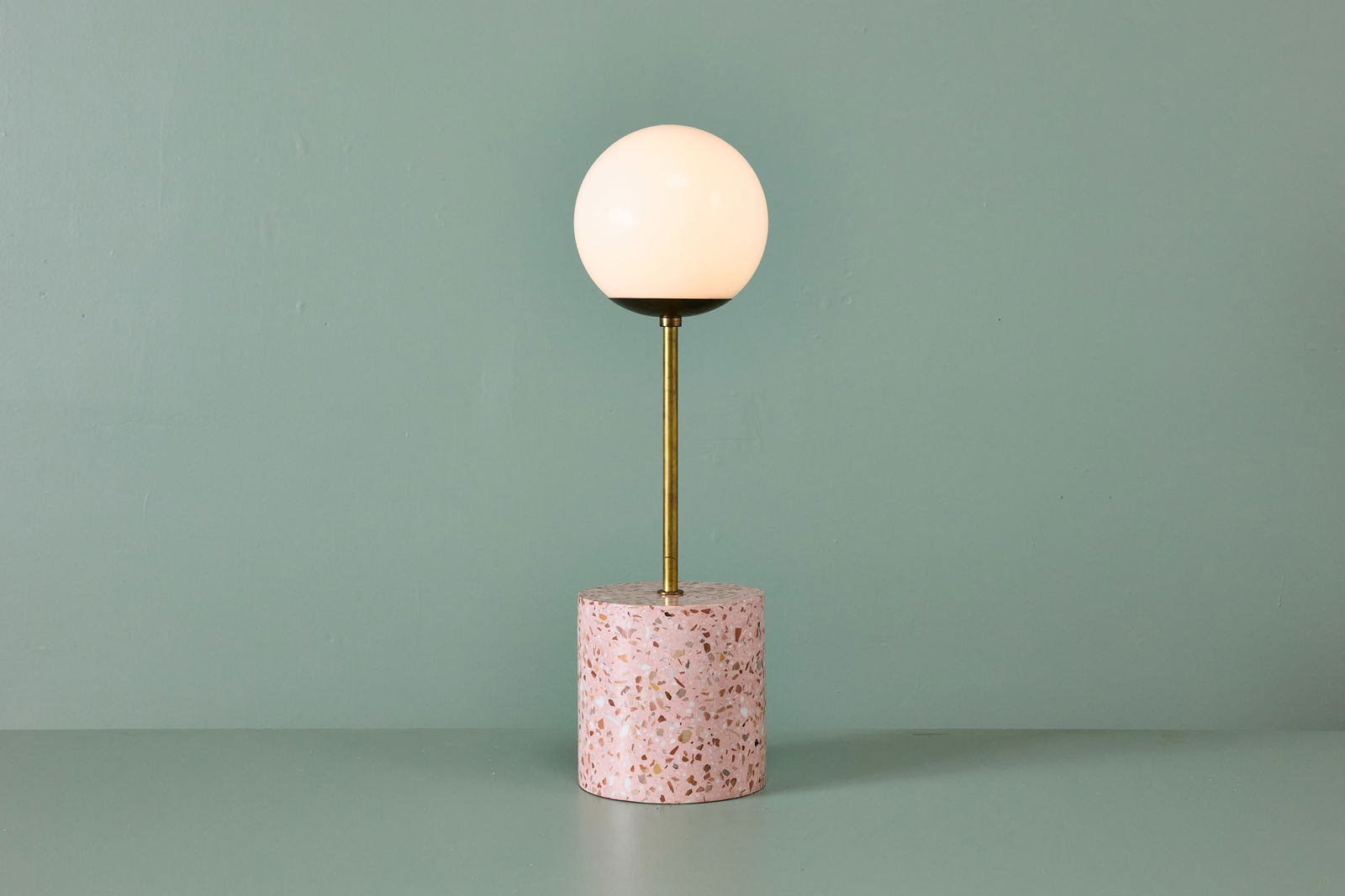 Carly Jo Morgan, Table Lamp: CARLY JO MORGAN Table lamp, ca. 2026 Terrazzo, opaque glass, brass. Studio-made, USA. 27" H x 8" Diameter