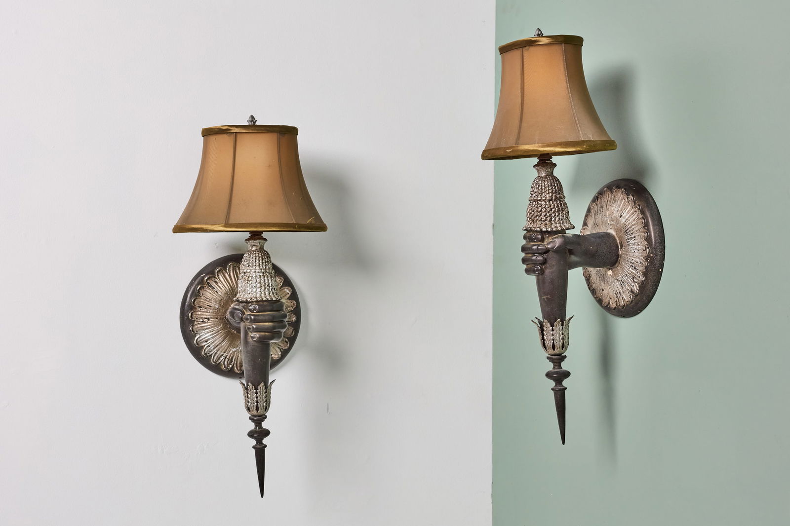 Traditional, Blackamoor Style Sconces (2): TRADITIONAL Pair of Blackamoor style sconces, 1960s Painted and gilt wood, bronze, silk. Each: 25" H x 9" W x 8.5" D