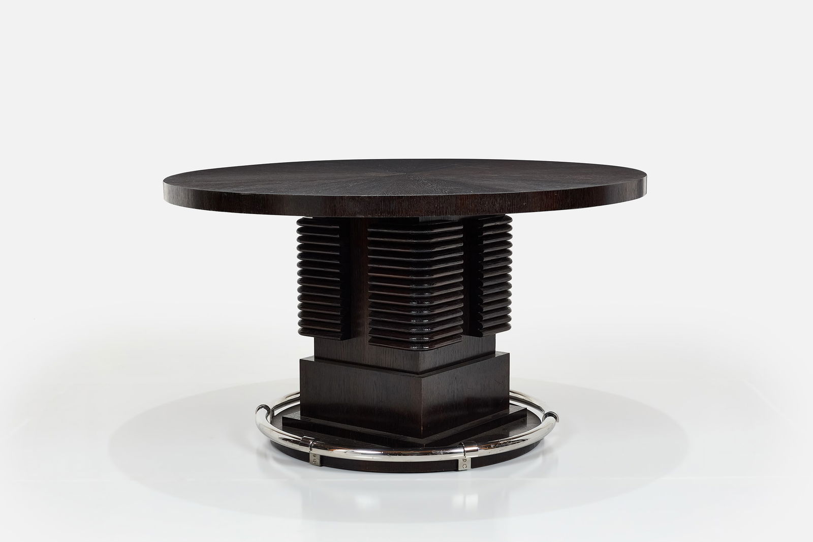 Michael S. Smith, Dining Table: MICHAEL S. SMITH Round dining table, 2010s Mahogany, nickel-plated metal. Custom-made, USA. 31.75" H x 60" Diameter
