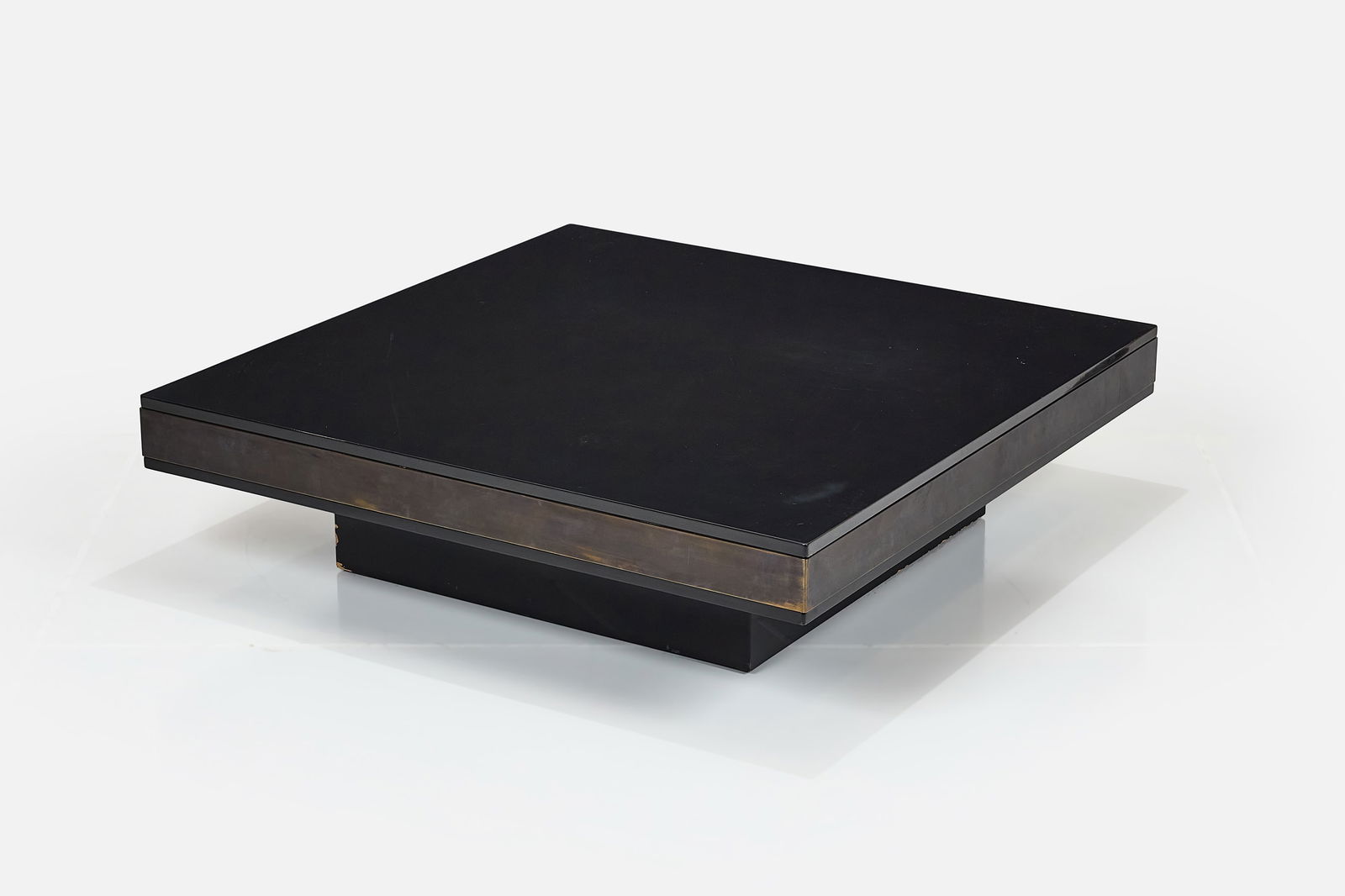 Jean de Merry, Coffee Table: JEAN DE MERRY Large square coffee table, 2010s Lacquered wood, bronze. Manufactured by Jean de Merry, USA. 16.5" H x 60" W x 60" D