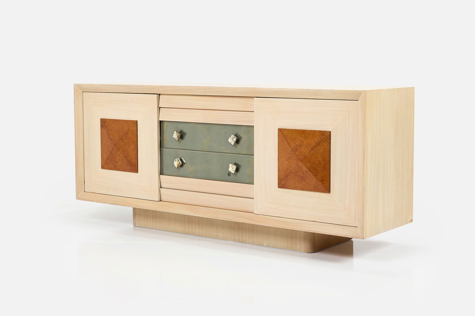 Paul R. Williams, Credenza: PAUL R. WILLIAMS Credenza, from the Joseph M. and Eleanor Harris House, 1936 Bleached oak, burlwood, antiqued mirrored glass. 33.5" H x 78" W x 21" D