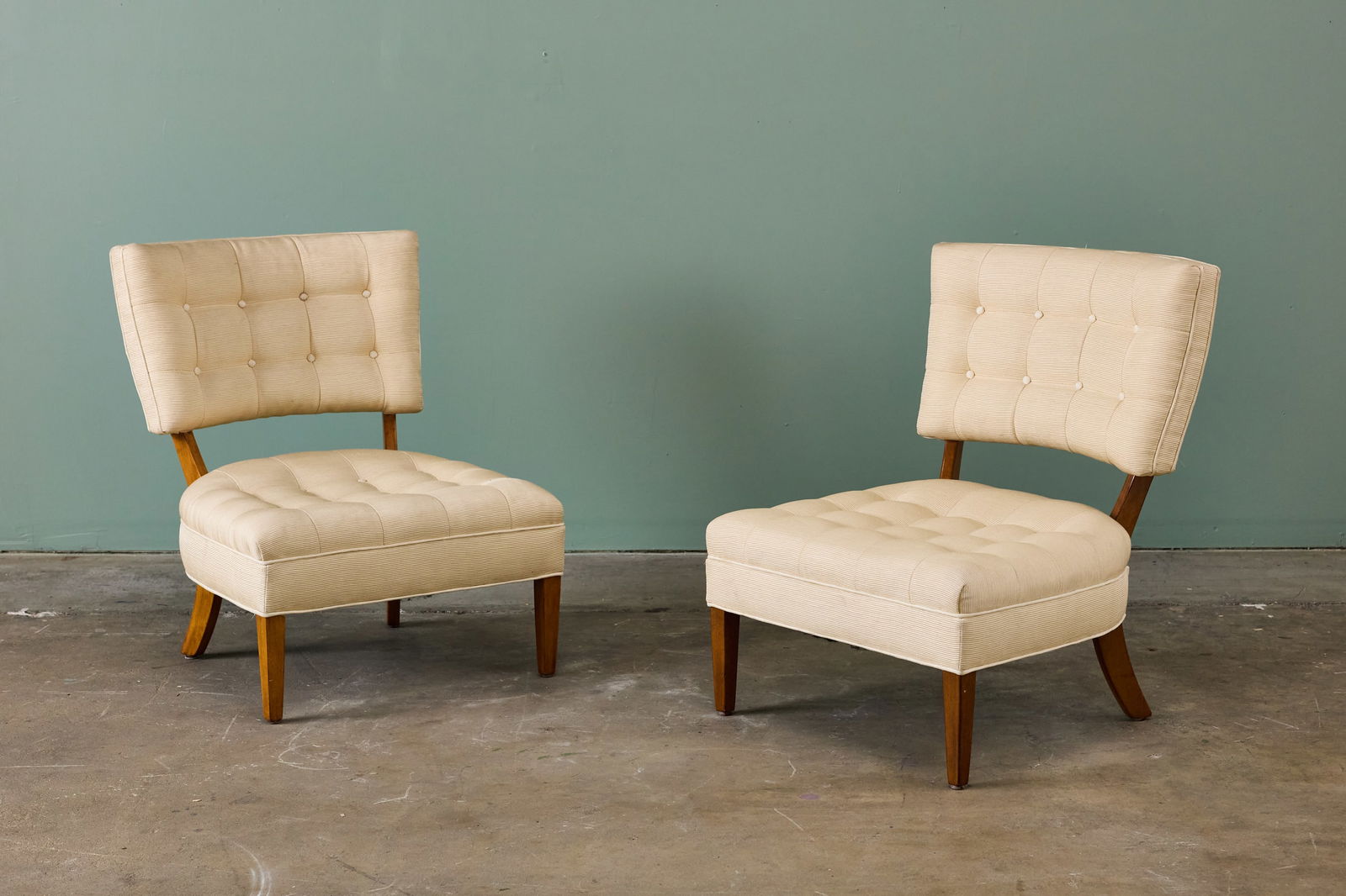 William (Billy) Haines, Slipper Chairs (2): WILLIAM (BILLY) HAINES Pair of slipper chairs, 1940s Mahogany, fabric. Each: 31" H x 23.5" W x 27" D Seat height: 13.5"