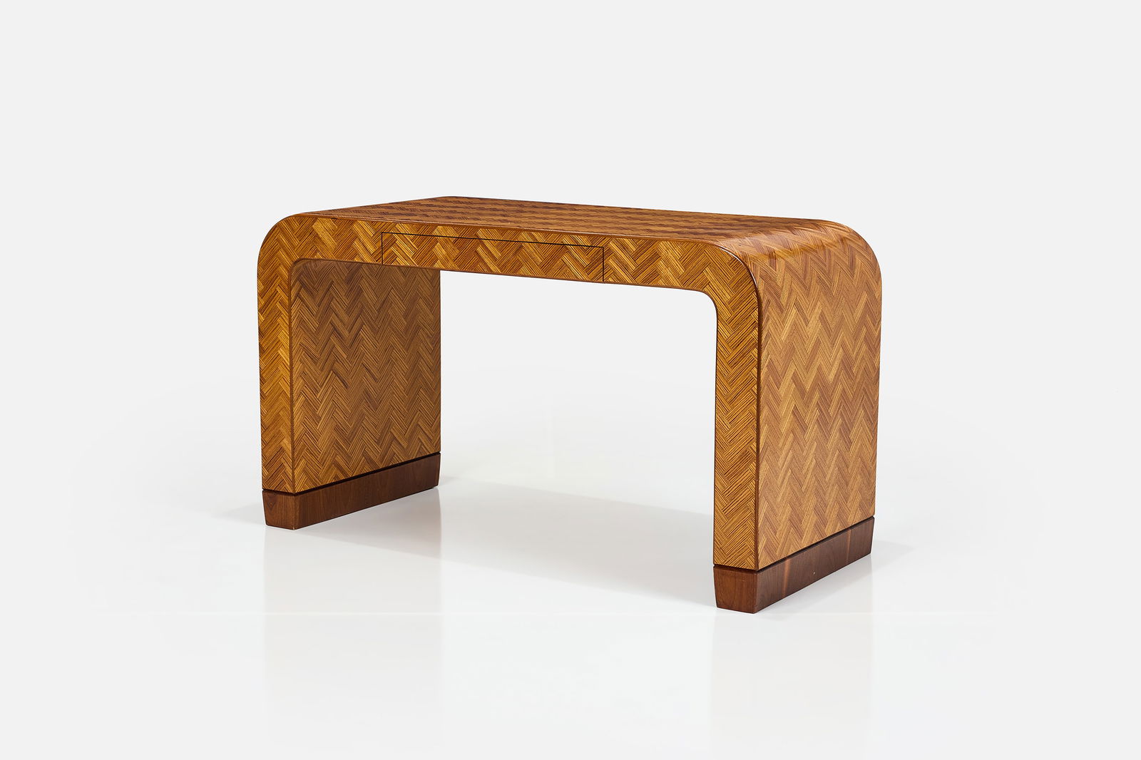 Karl Springer, Waterfall Desk: KARL SPRINGER Waterfall desk, 1980s Oak, mahogany. Made in the USA. 28.75" H x 50" W x 22" D