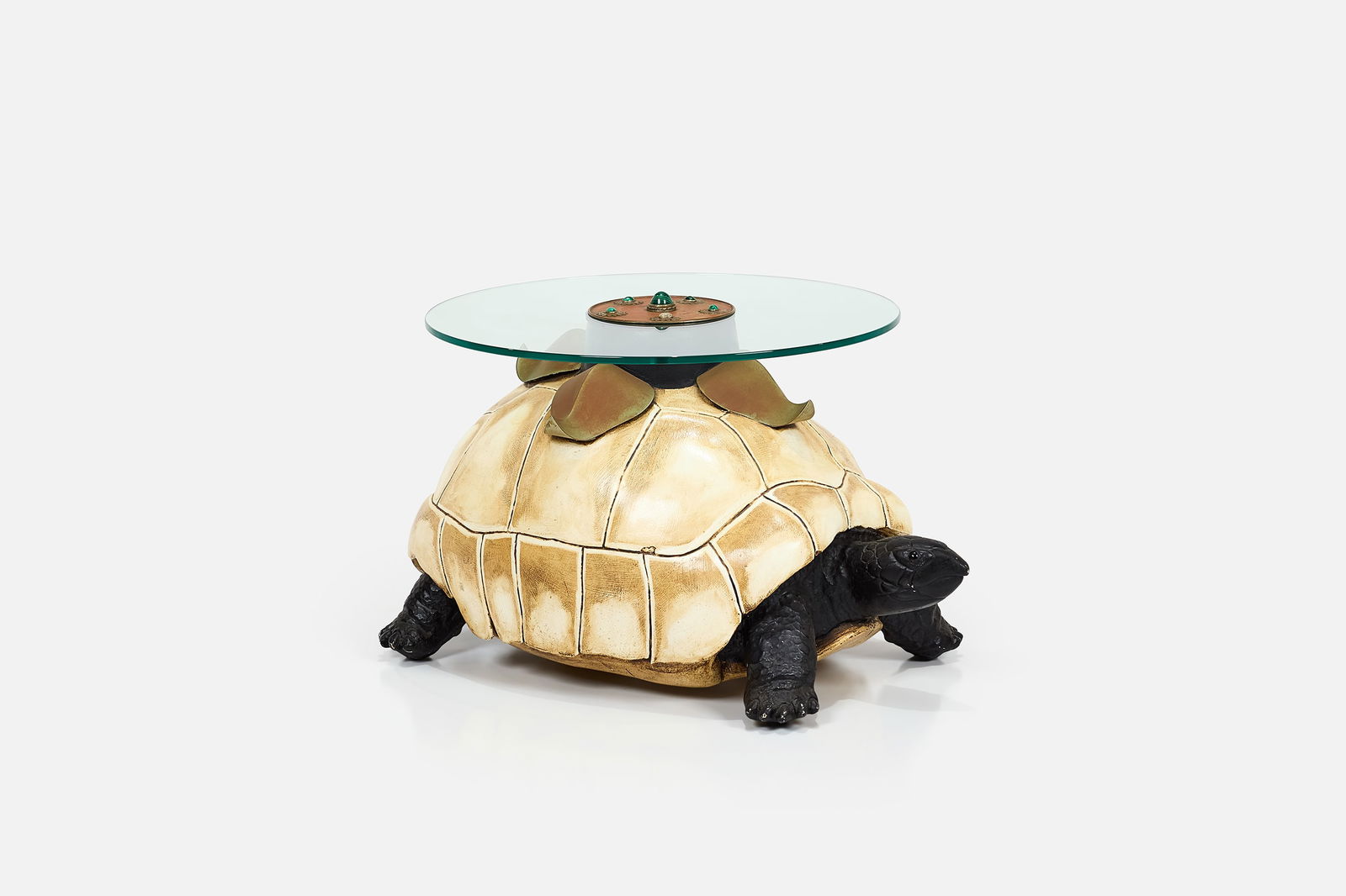 Anthony Redmile, Tortoise Occasional Table: ANTHONY REDMILE Tortoise occasional table, 1970s Painted fiberglass, marble, malachite, metal. Produced by Anthony Redmile, UK. 18.5" H x 24" W x 32" D