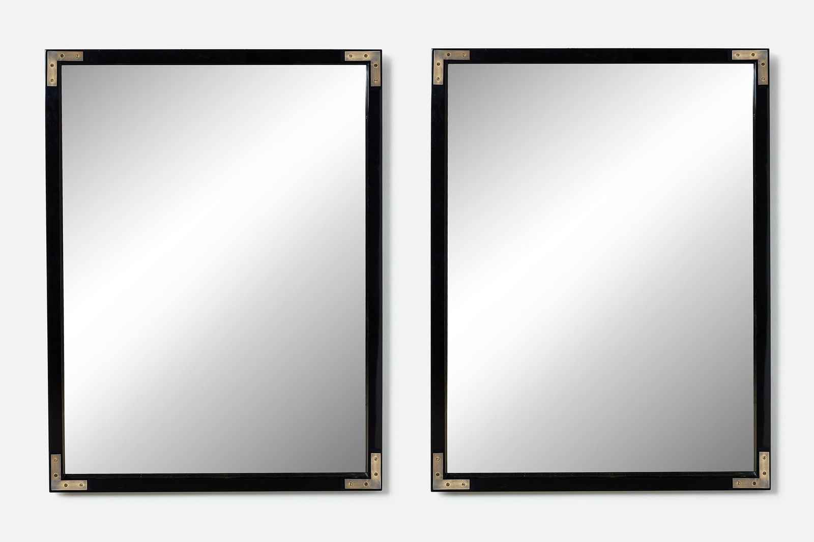 Custom, Wall Mirrors (2): CUSTOM Pair of wall mirrors, 2010s Lacquered wood, mirrored glass, brass. Custom-made, USA. 48" H x 36" W x 1.5" D