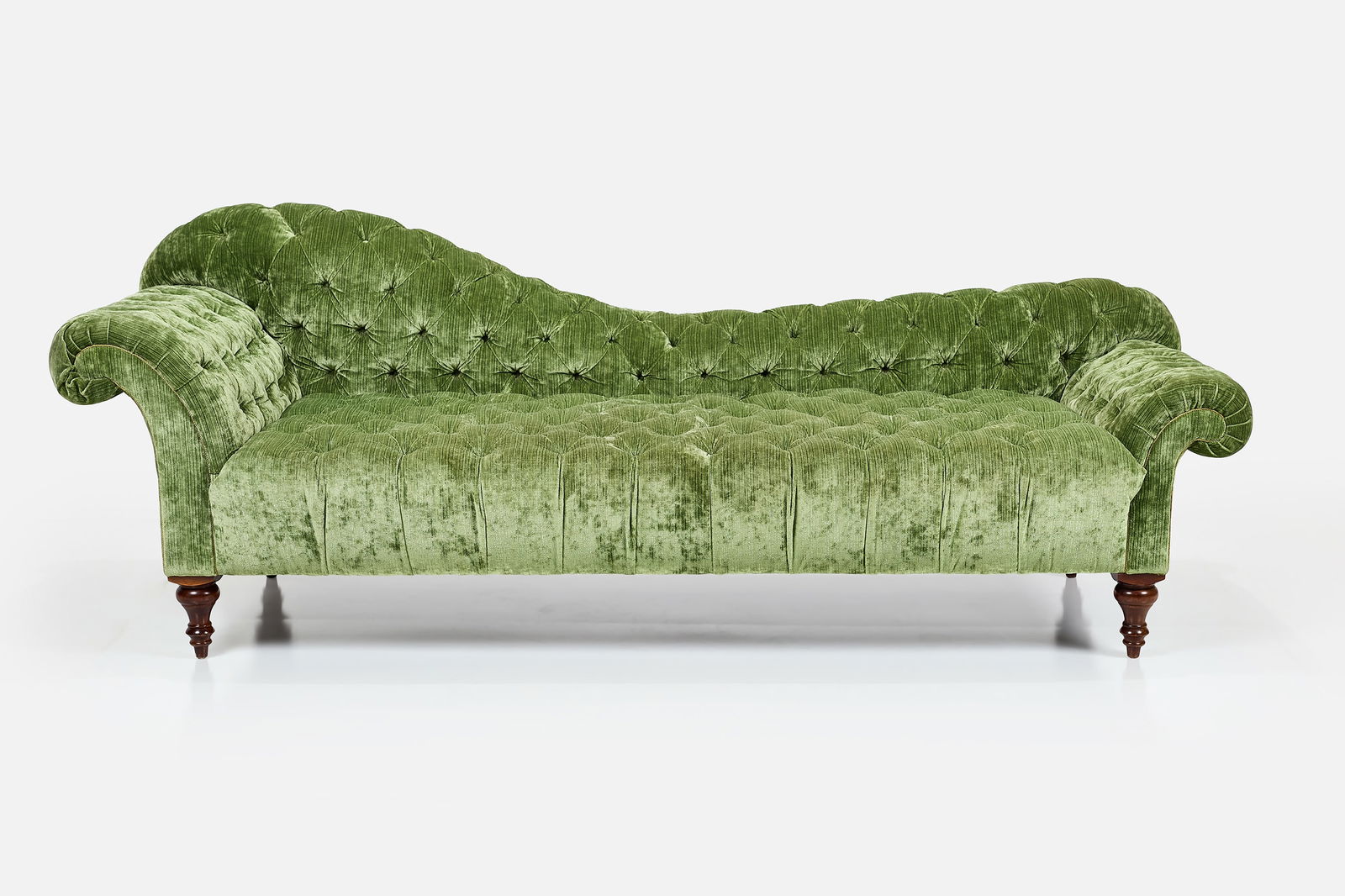 George Smith Style, 'Dog Kennel Bed' Sofa: GEORGE SMITH STYLE 'Dog Kennel Bed' sofa, 2000s Velvet, mahogany. 35" H x 96" W x 36"D Seat height: 18"