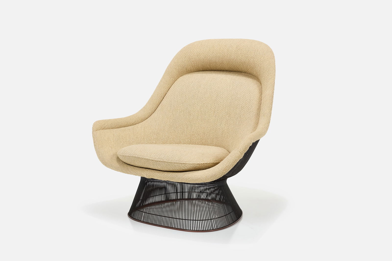 Warren Platner, Easy Chair: WARREN PLATNER Easy chair, 1984 Patinated steel, wool. Manufactured by Knoll, USA. Underside of seat cushion with manufacturer's dated label. 40" H x 41.5" W x 33.5" D