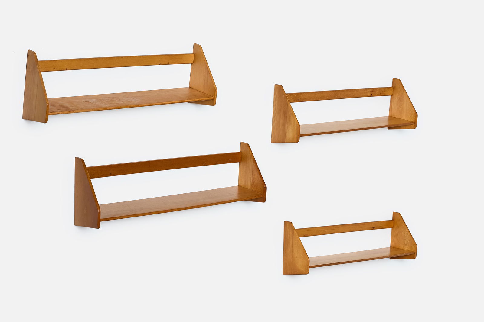 Hans Wegner, Wall Shelves (4): HANS WEGNER Set of four wall shelves, ca. 1955 Oak. Manufactured by FDB Mobler, Denmark. Each: 12' H x 35.5" W x 8" D