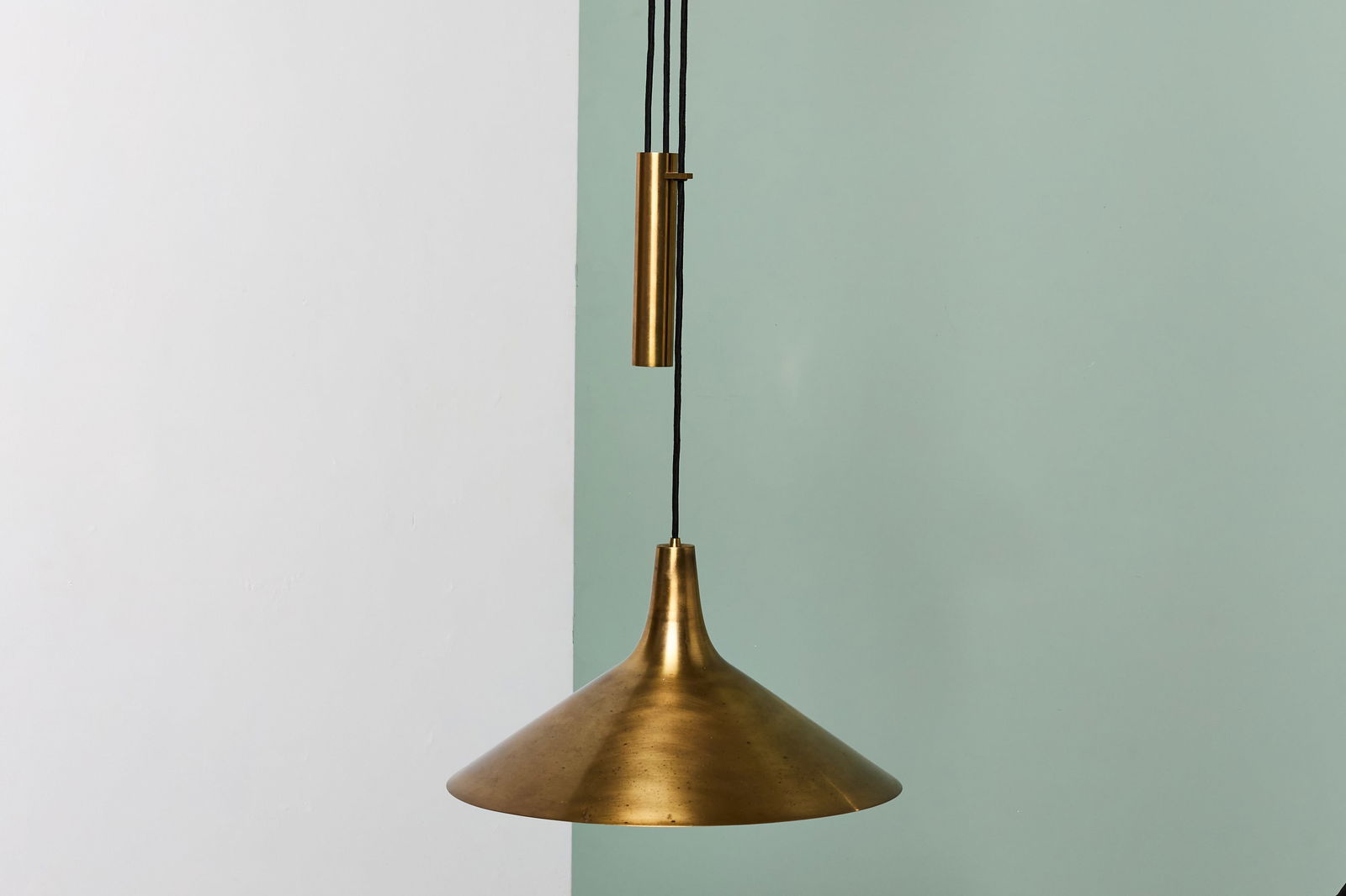 T.H. Valentiner, Counterbalance Pendant Lamp: T.H. VALENTINERCounterbalance pendant lamp, 1960sBrass, lacquered brass. Produced in Denmark. 37" H × 19" Diameter, varying height