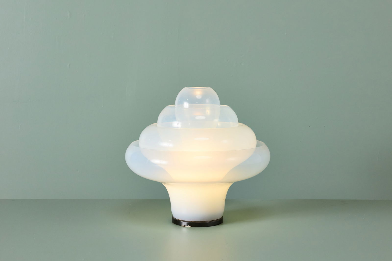 Carlos Nason, 'Lotus' Table Lamp: CARLO NASON 'Lotus' table lamp, model no. LT 305, 1960s Opaline glass, patinated metal. Manufactured by A.V. Mazzega, Italy. 17" H x 18.5" Diameter