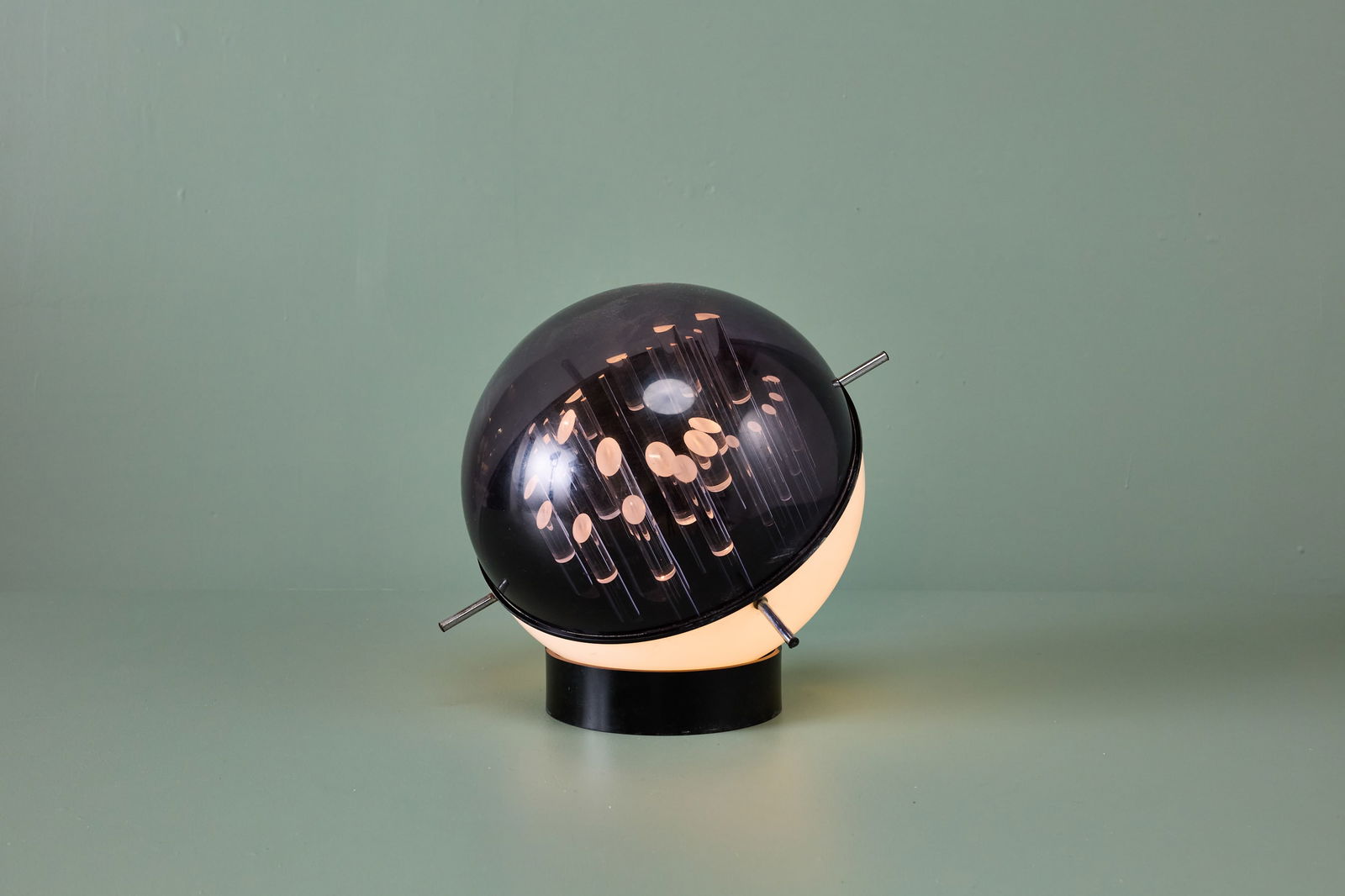 Gaetano Missaglia, Table Lamp: GAETANO MISSAGLIA Table lamp, 1970s Smoked and opaque acrylic, chrome-plated metal. Made in Italy. 16" H x 18.5" Diameter