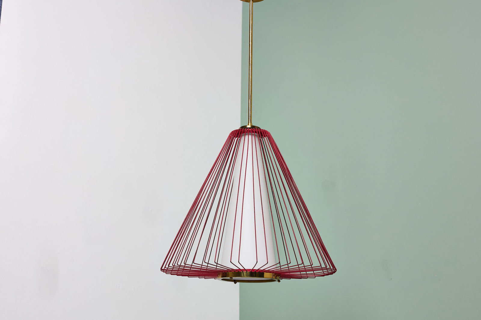 Arredoluce Style, Pendant Lamp: ARREDOLUCE STYLE Pendant lamp, 1950s Lacquered metal, brass, satin glass. Made in Italy. 32" H x 18" Diameter