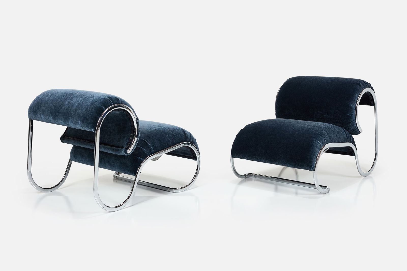 Italian, Lounge Chairs (2): ITALIAN Pair of lounge chairs, 1970s Chrome-plated tubular steel, velvet. Each chair: 25" H x 25" W x 37" D Seat height: 16"