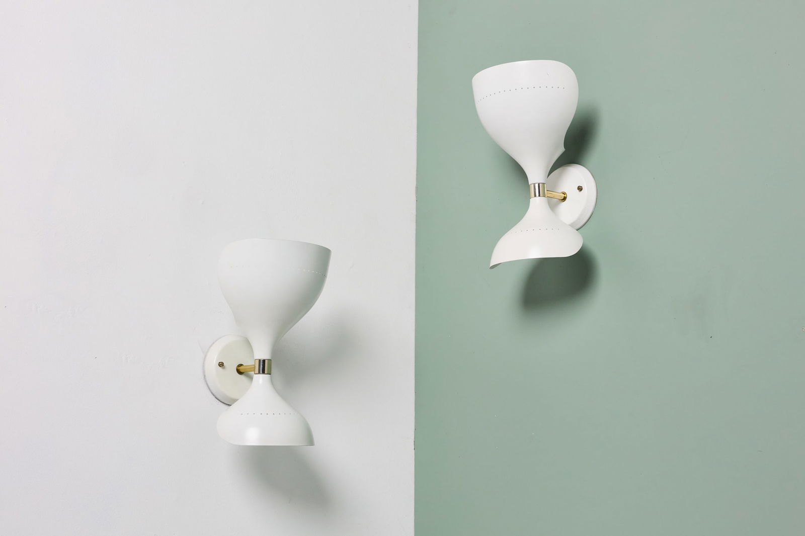 Stilnovo, Sconces (2): STILNOVO Pair of sconces, 1950s Aluminum, brass. Manufactured by Stilnovo, Italy. Each: 14" H x 9" W x 8" D