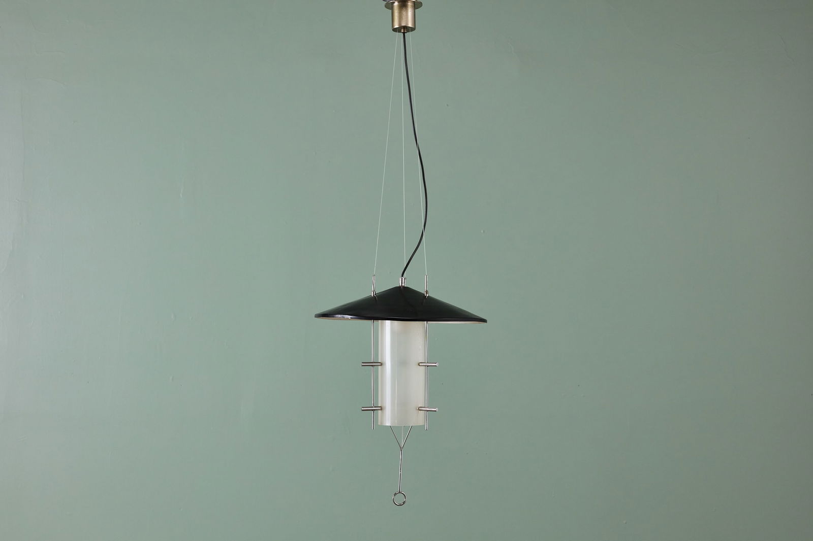 Stilnovo, Pendant Lamp: STILNOVO Pendant lamp, 1960s Lacquered aluminum, acrylic, glass, brass. Manufactured by Stilnovo, Italy. 49" H x 17.5" Diameter
