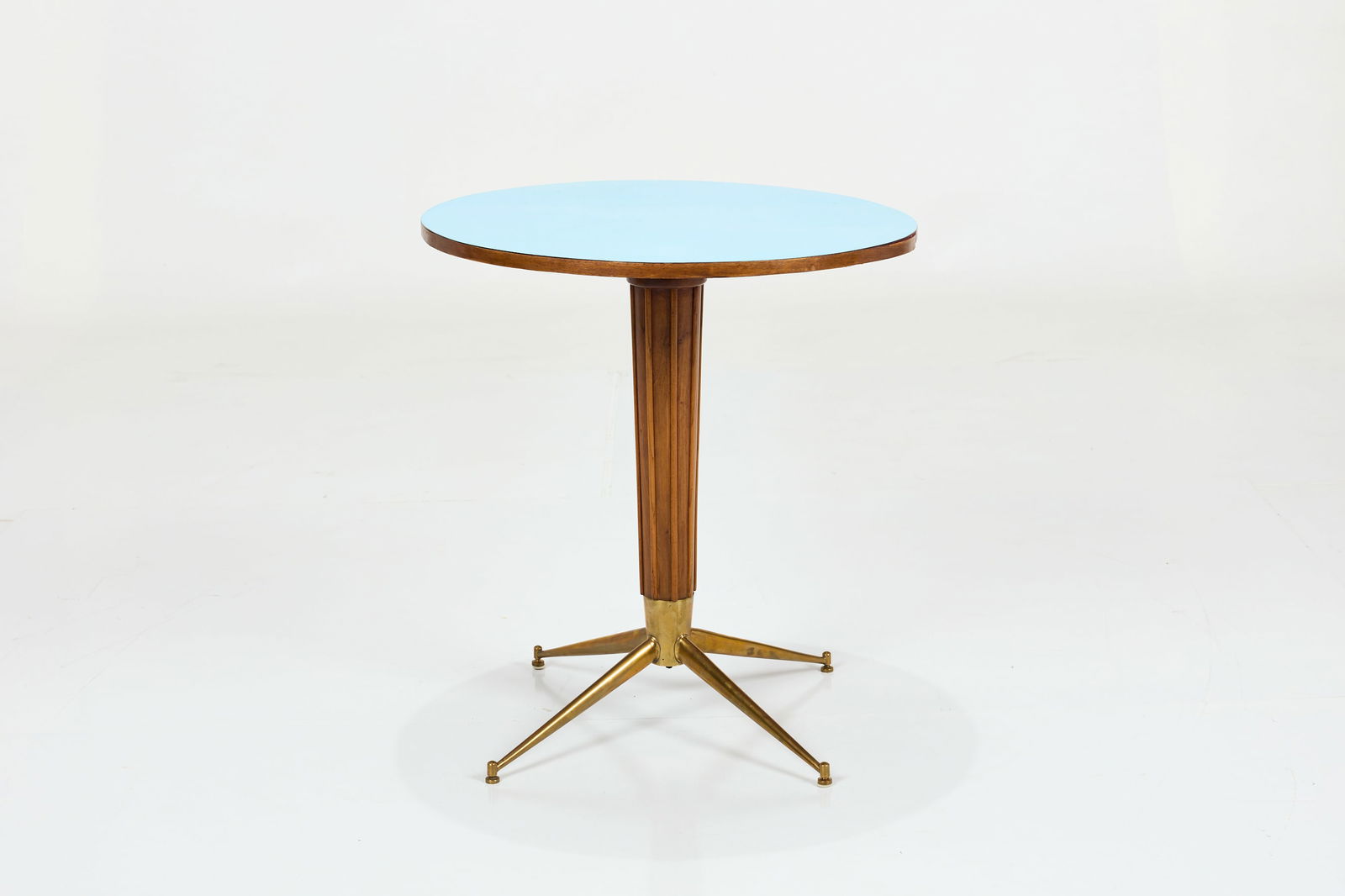 Melchiorre Bega (Attrib.), Occasional Table: MELCHIORRE BEGA (Attrib.) Occasional table, 1950s Walnut, brass, plastic laminate. Produced in Italy. 30" H x 27" Diameter