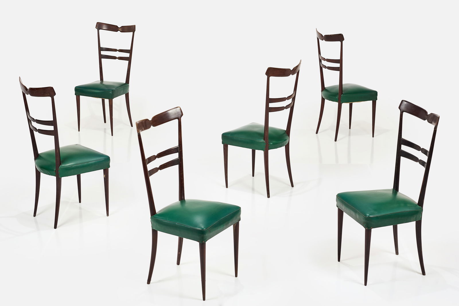 Ico Parisi Style, Dining Chairs (6): ICO PARISI STYLESet of six dining chairs, 1950sStained chestnut, vinyl. Made in Italy. Each chair: 41.5" H x 17.25" W x 18" DSeat height: 18"