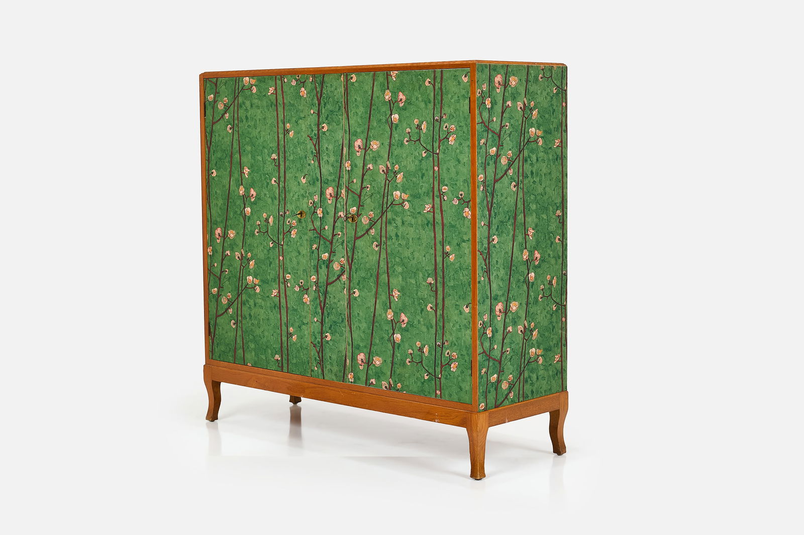 Josef Frank Style, Two-Door Cabinet: JOSEF FRANK STYLE Two-door cabinet, 1950s Van Gogh printed paper over oak, oak, beech. Made in Denmark. 46.5" H x 47" W x 16.75" D