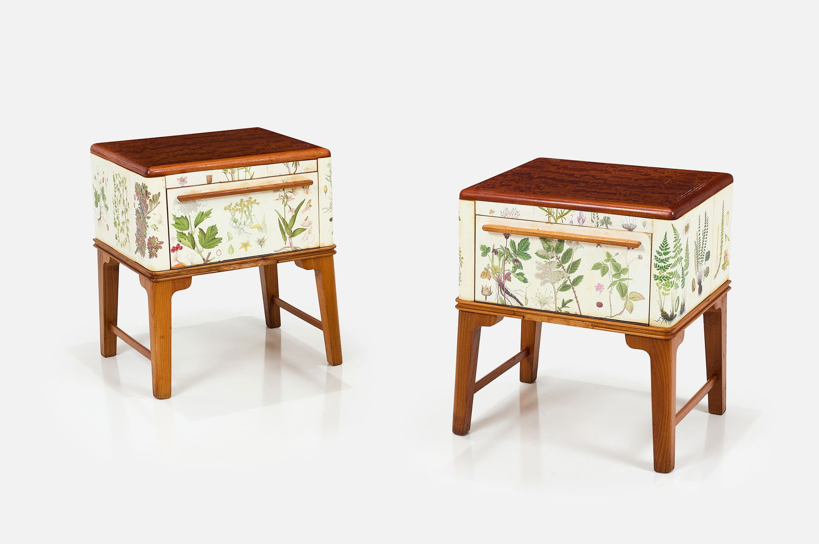 Josef Frank Style, Nightstands (2): JOSEF FRANK STYLEPair of nightstands, 1960sPeriod botanical prints over wood, teak, beech, brass. Made in Denmark. Each: 20.5" H x 17.5" W x 15.5"