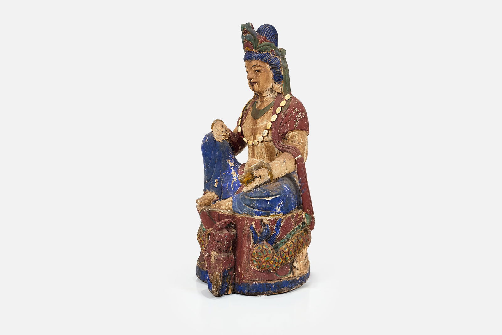 Chinese, Large Polychrome Guanyin Floor Sculpture: CHINESE Antique Guanyin floor sculpture Polychromed wood. 41" H x 19" W x 21" D