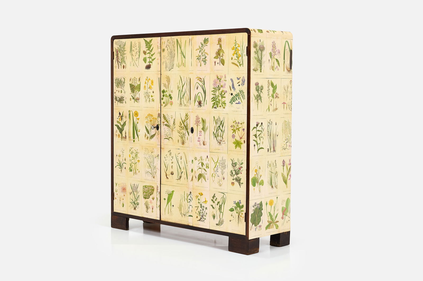 Josef Frank Style, Two-Door Cabinet: JOSEF FRANK STYLE Two-door cabinet, 1960s Period botanical prints over wood, beech, stained beech. Made in Denmark. 50.5" H x 47" W x 15.5" D