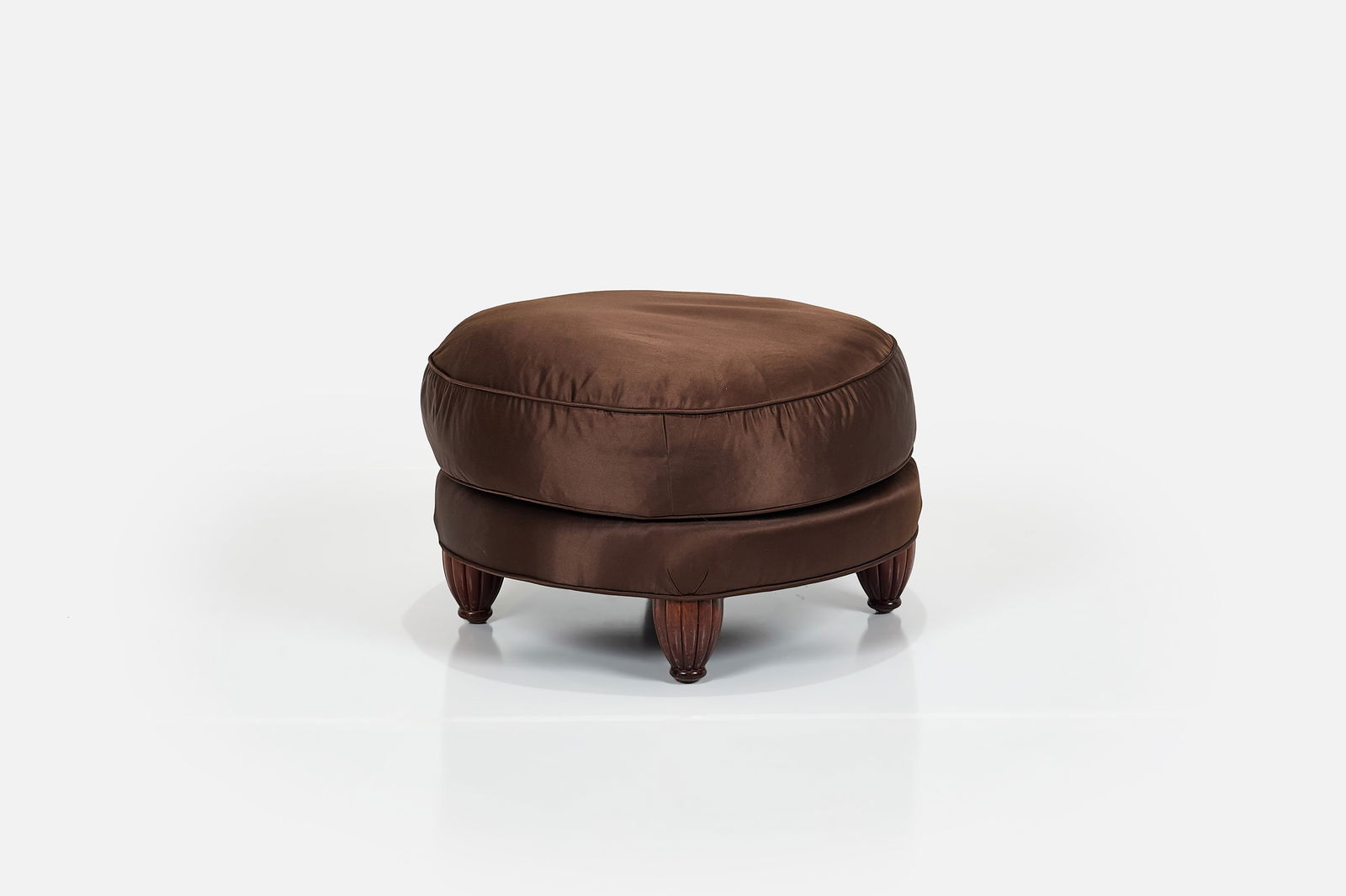 Maurice Hirsch, Ottoman: MAURICE HIRSCH Ottoman, ca. 1922 Silk, mahogany. Produced in France. 16" H x 24" Diameter