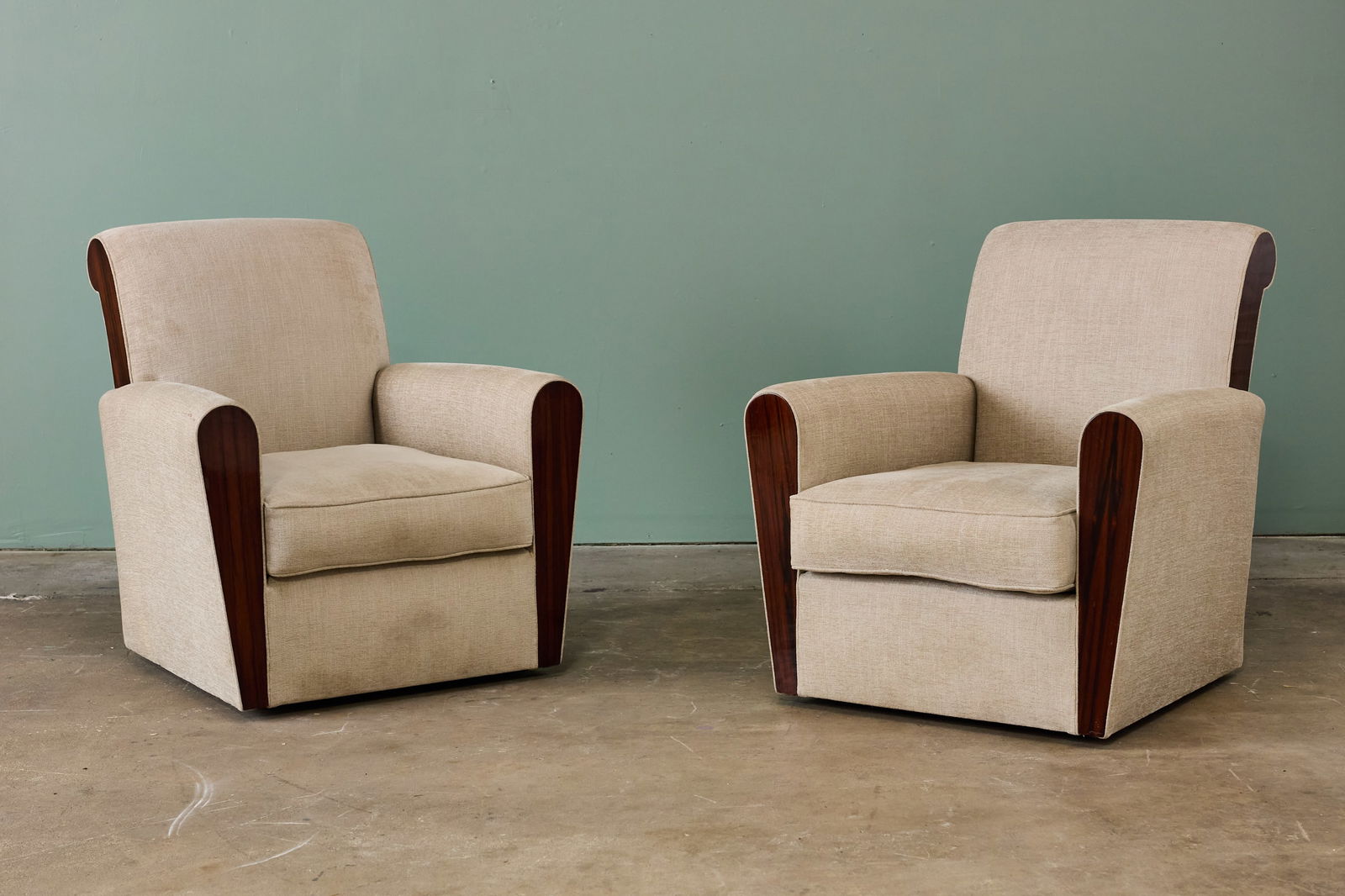 Art Deco Style, Lounge Chairs (2): ART DECO STYLE Swivelling lounge chairs, 2010s Fabric, rosewood. Custom-made, USA. Each: 32" H x 30" W x 33" D Seat height: 16"