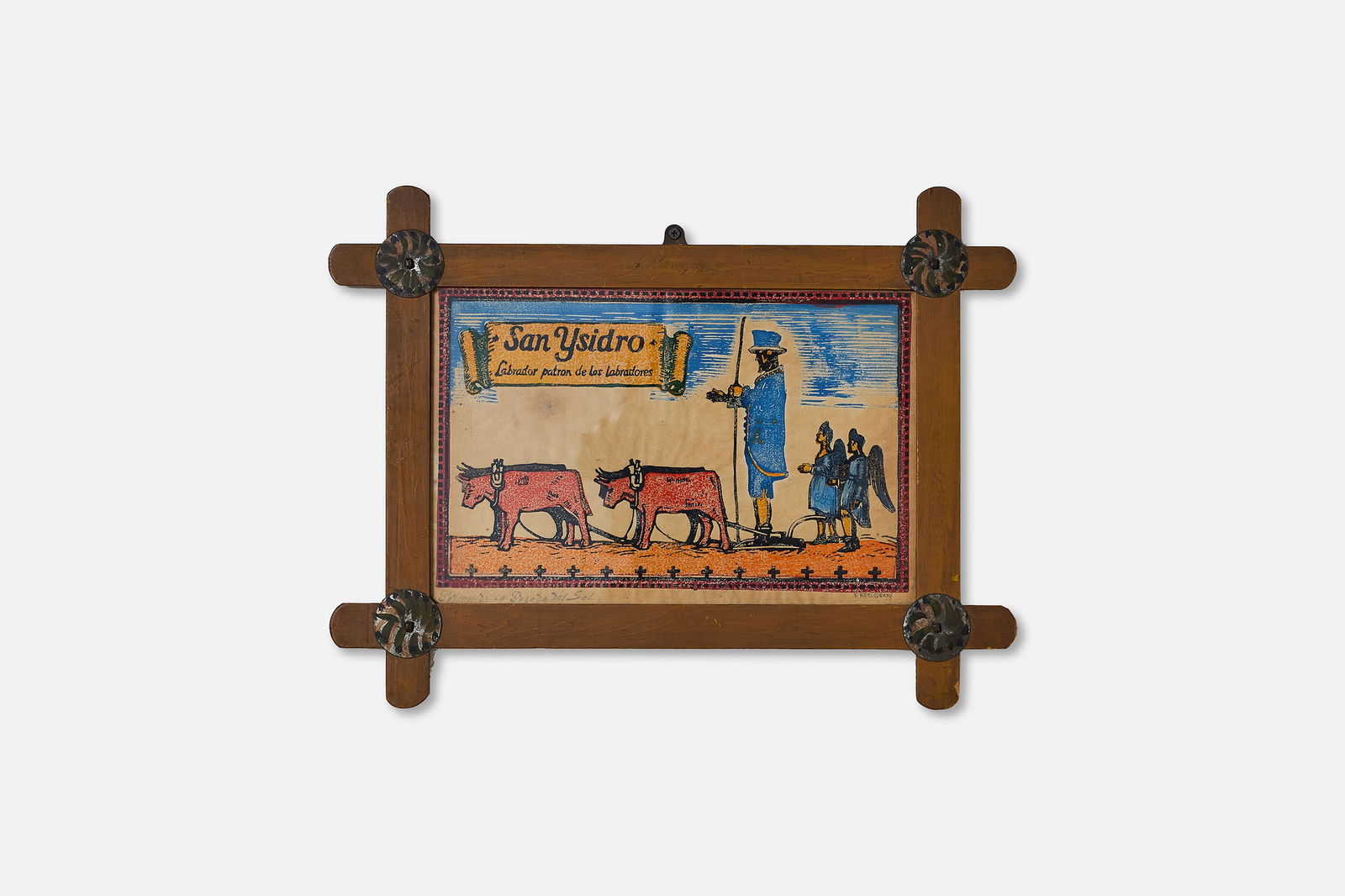 Fred Geary, 'San Ysidro' Linocut: FRED GEARY 'San Ysidro', 1930s Linocut in original wood and iron frame. 15.5" H x 20.5" W Provenance: Original furnishing from the La Posada Hotel, Winslow, AZ