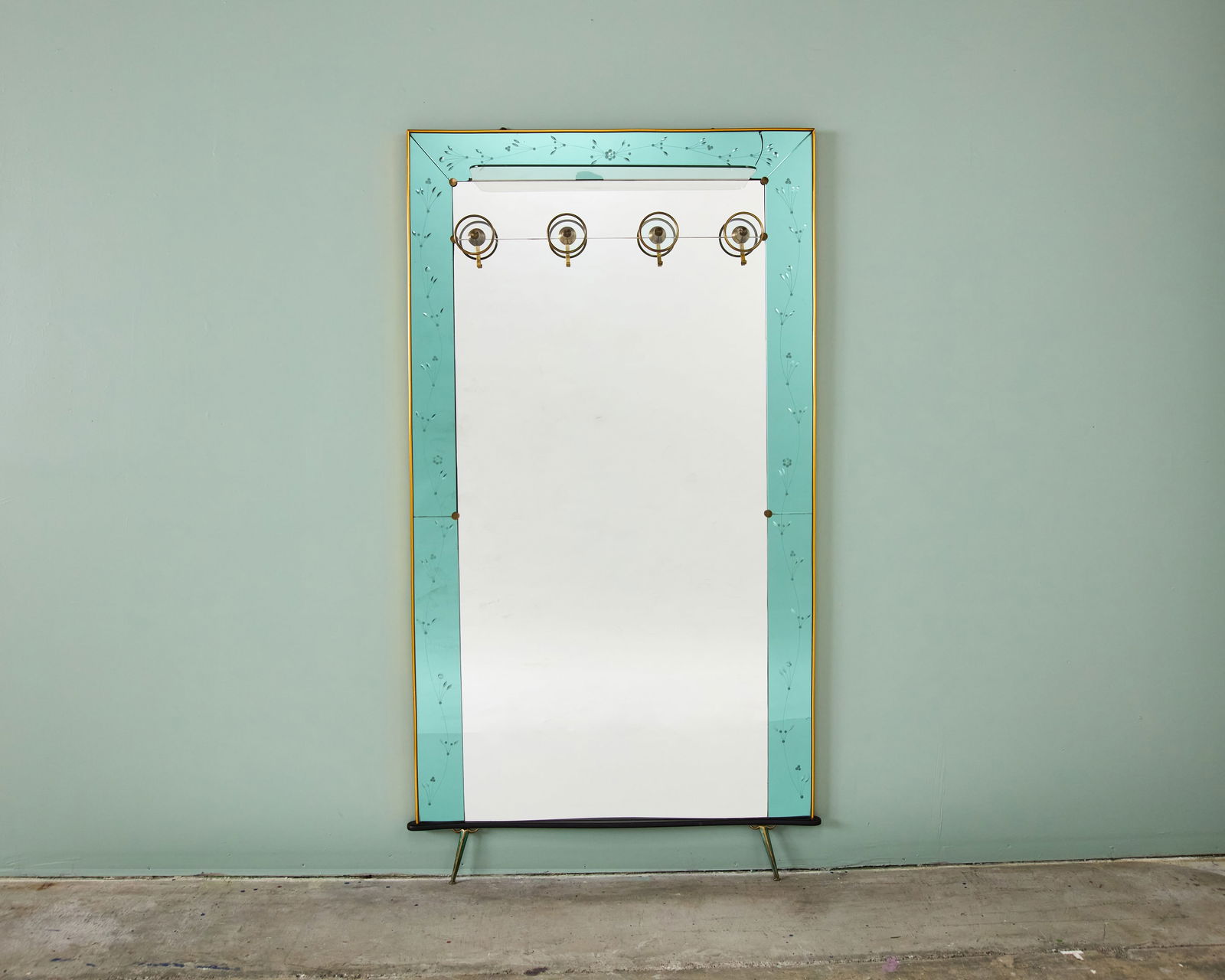 Cristal Arte, Mirrored Wall Rack: CRISTAL ARTE Mirrored hall rack, 1960s Mirrored glass, brass, glass. Produced by Cristal Arte, Italy. 77.5" H x 43" W x 8.5" D