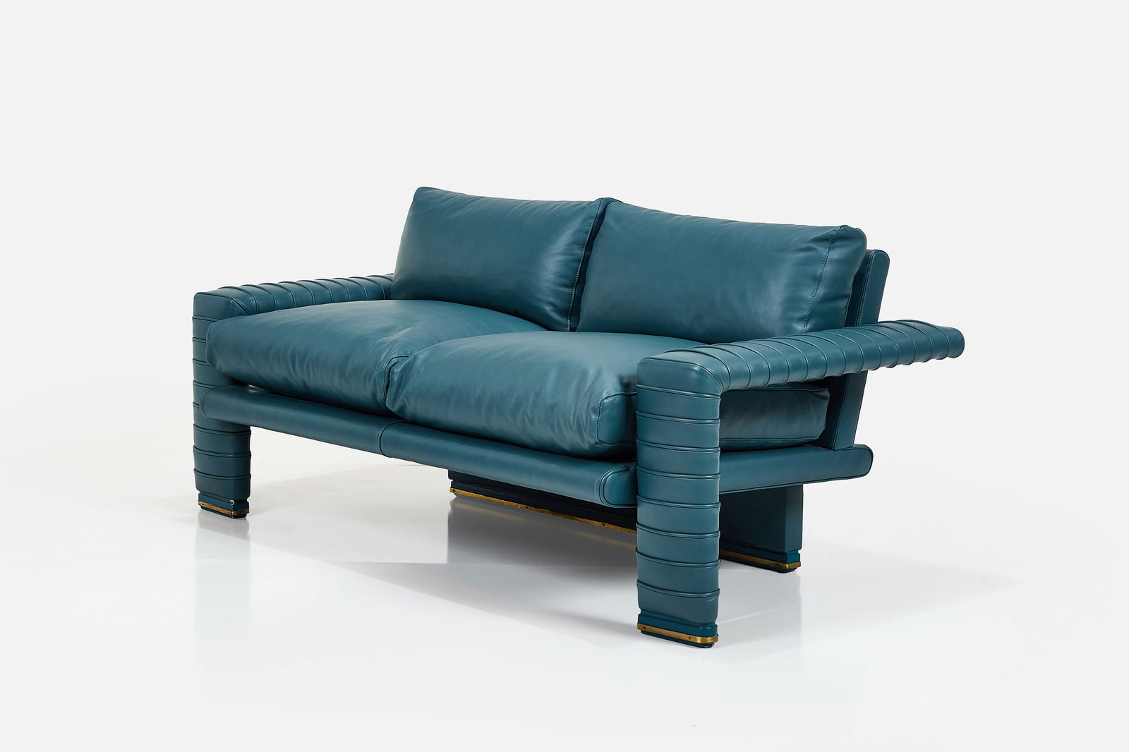 Marzio Cecchi, 'Lino' Settee: MARZIO CECCHI 'Lino' settee, 1960s Leather, brass. Produced in Italy. 30" H x 70" W x 33" D Seat height: 20"