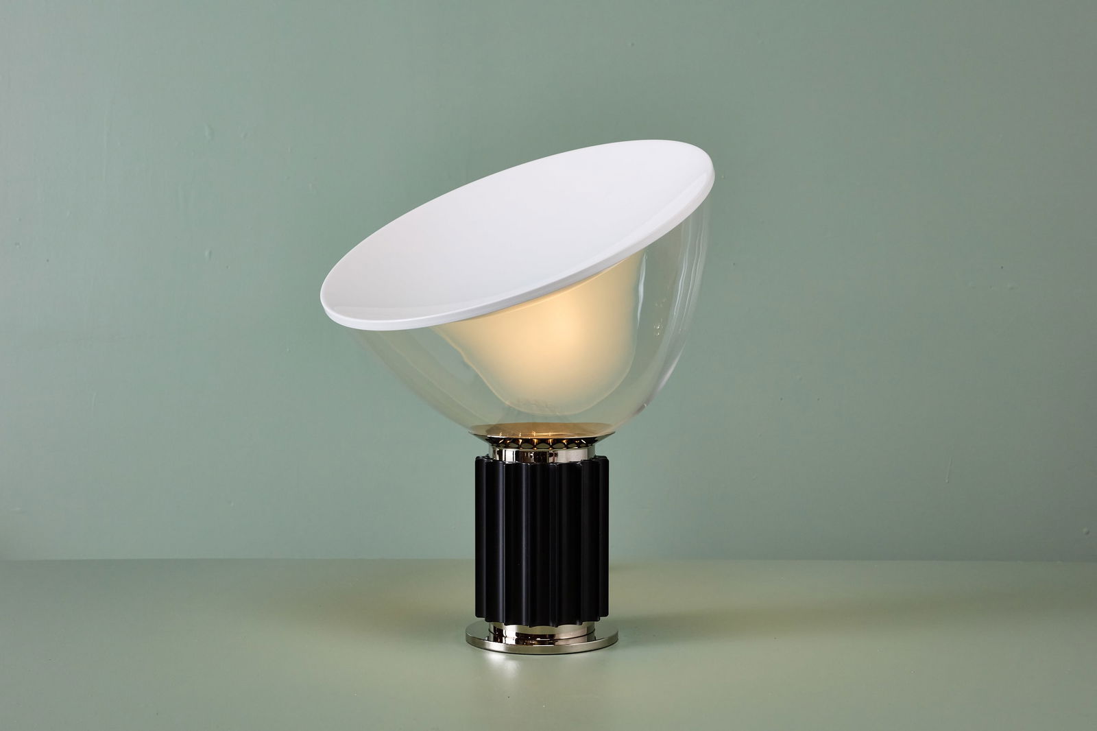 Achille + Pier Castiglioni, 'Taccia' Lamp: ACHILLE + PIER CASTIGLIONI 'Taccia' lamp, 2000s Chrome, glass, painted metal. Manufactured by Flos, Italy. 25" H x 20" Diameter