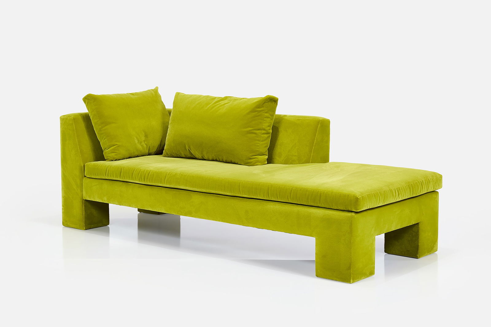 Sally Breer, Custom Chaise Lounge: SALLY BREER Custom right-armed chaise lounge, 2010s Velvet. Custom-made, USA. 30" H x 89" W x 36" D Seat height: 18" 