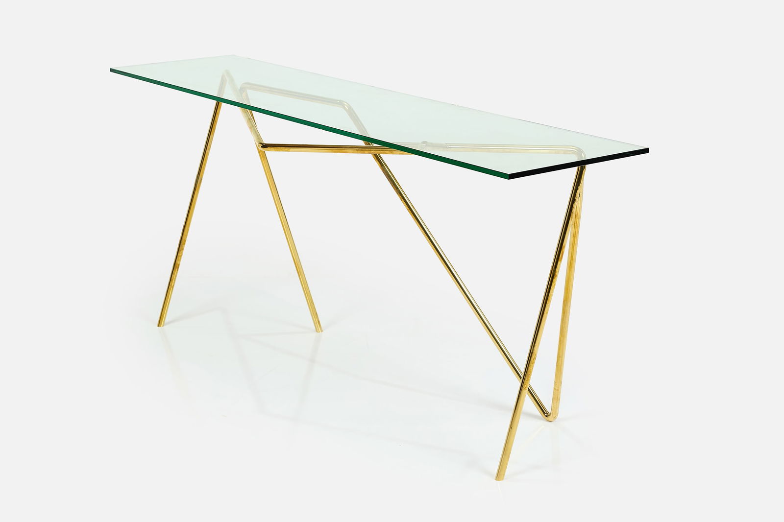 Italian, Sculptural Console: ITALIAN Sculptural console, 1980s Brass, glass. 31" H x 66" W x 17" D
