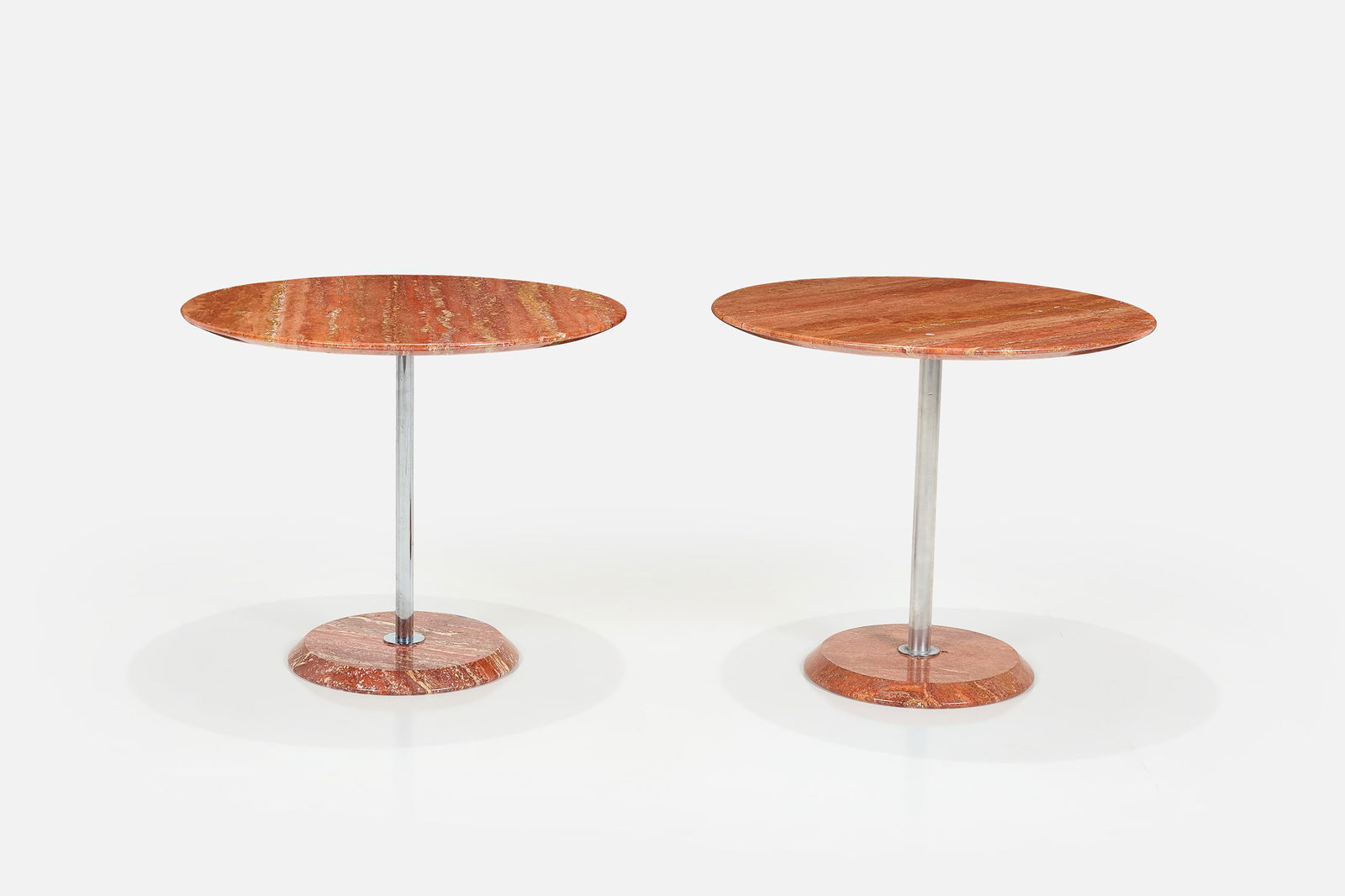 Italian, Side Tables (2): ITALIANPair of side tables, 1980sMarble, stainless steel. Each: 20" H x 23.75" Diameter