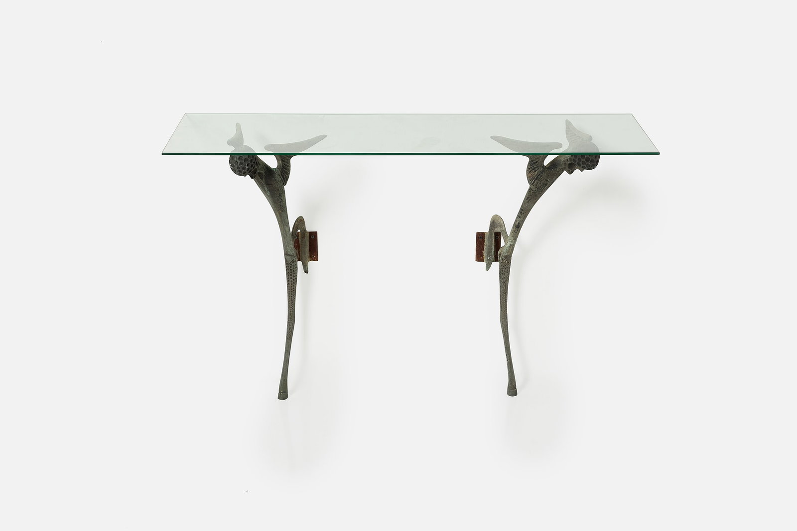 Dan Johnson, Wall-Mount 'Satyr' Console Table: DAN JOHNSON Wall-mount 'Satyr' console table, ca. 1956 Cast bronze, glass. Produced by Dan Johnson Studio, USA / Italy. 27" H x 42" W x 14" D 