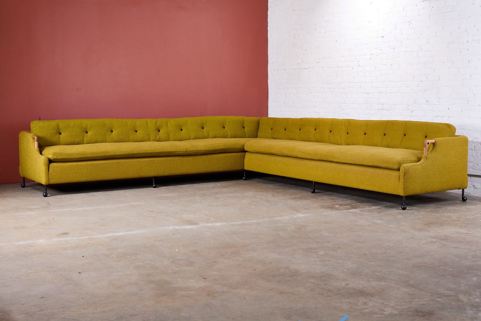 Tyler Hays, 'Abel' Sectional Sofa (2): TYLER HAYS Two-part 'Abel' sectional sofa, ca. 2020 Fabric, oak, bronze. Produced by BDDW, USA. 33" H x 156" W x 146" D Seat height: 21" Unit depth: 38" 