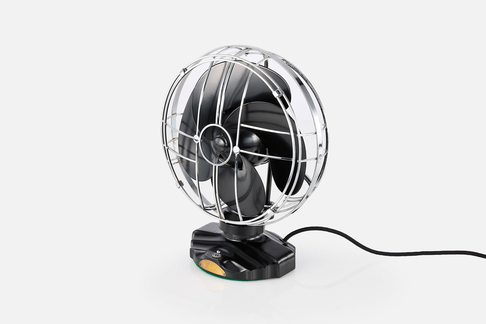 Janet Evans, Art Deco 'Silver Swan' Table Fan: JANET EVANS 'Silver Swan' table fan, 1936 Steel, aluminum, bakelite. Produced by Emerson Electric, USA. 15" H x 11" W x 6" D Considered the highest achievement in