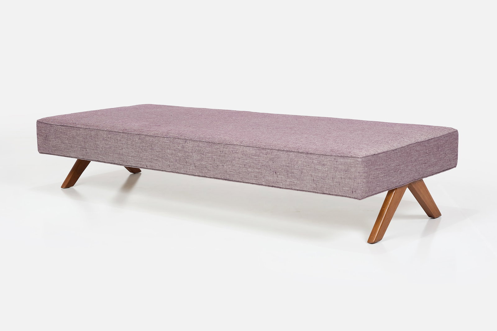 Pierre Jeanneret Style, Bench: PIERRE JEANNERET STYLE Bench, 21st century Linen, teak. 15" H x 77" W x 31.5" D 