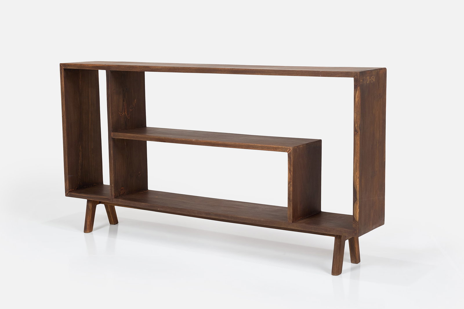 Pierre Jeanneret, Double-Sided Low Shelf: PIERRE JEANNERET Double-sided low shelf, from the College of Architecture, Chandigarh, ca. 1960 Teak. Produced in France / India for Punjab University, Chandigarh, India. Frame with stencilled