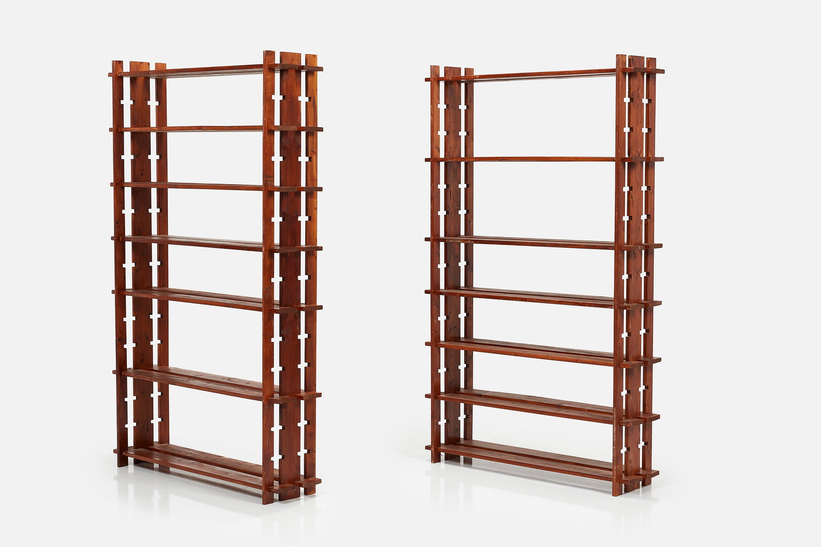 Maison Regain (Attrib.), Bookshelves (2): MAISON REGAIN (Attrib.) Pair of bookshelves, 1970s Stained oak. Made in France. Each: 59" H x 35.5" W x 9.5" 