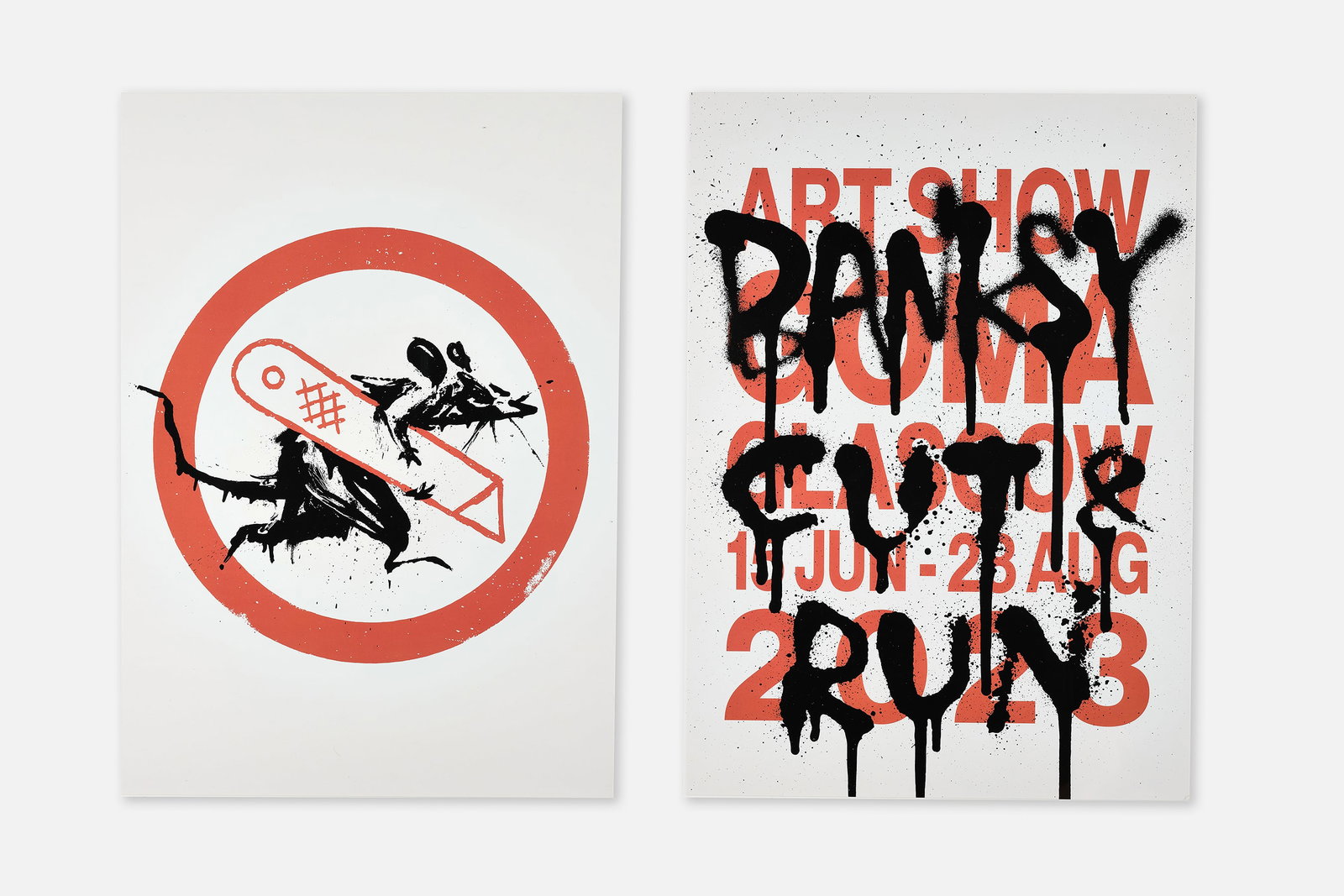 Banksy, 'Cut and Run' and 'Run Rat Run' Posters (2): BANKSY 'Cut and Run' and 'Rat Run Rat' posters, 2023 Offset lithographs printed in colors. Authorized posters from Banksy's '25 Years Card Labour’ exhibition,