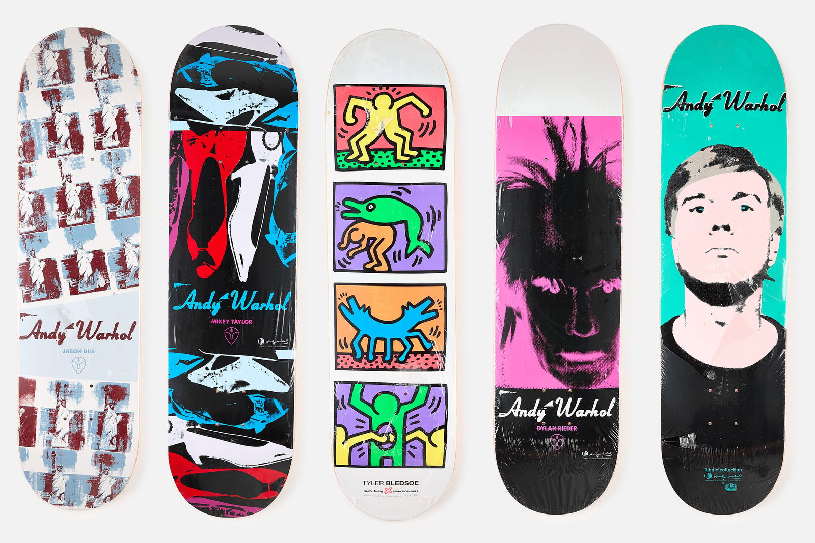 Andy Warhol + Keith Haring, Skate Decks (5): ANDY WARHOL + KEITH HARING Set of five skate decks, 2000s Offset lithographs in colors on skate decks. Each: 31.5" H × 8" W × 0.5" D 