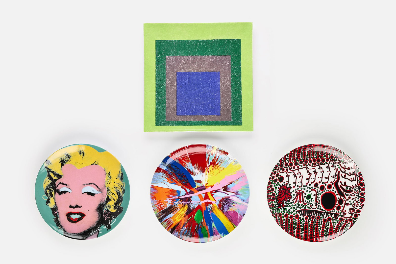 Albers, Warhol, Kusama, Hirst, Artist Plates (4): VARIOUS ARTISTS JOSEF ALBERS 'Study for Homage to a Square' platter, 1999 Ceramic. Published by The Josef and Anni Albers Foundation and The Museum of Contemporary Art, Los Angeles and made in Italy. 