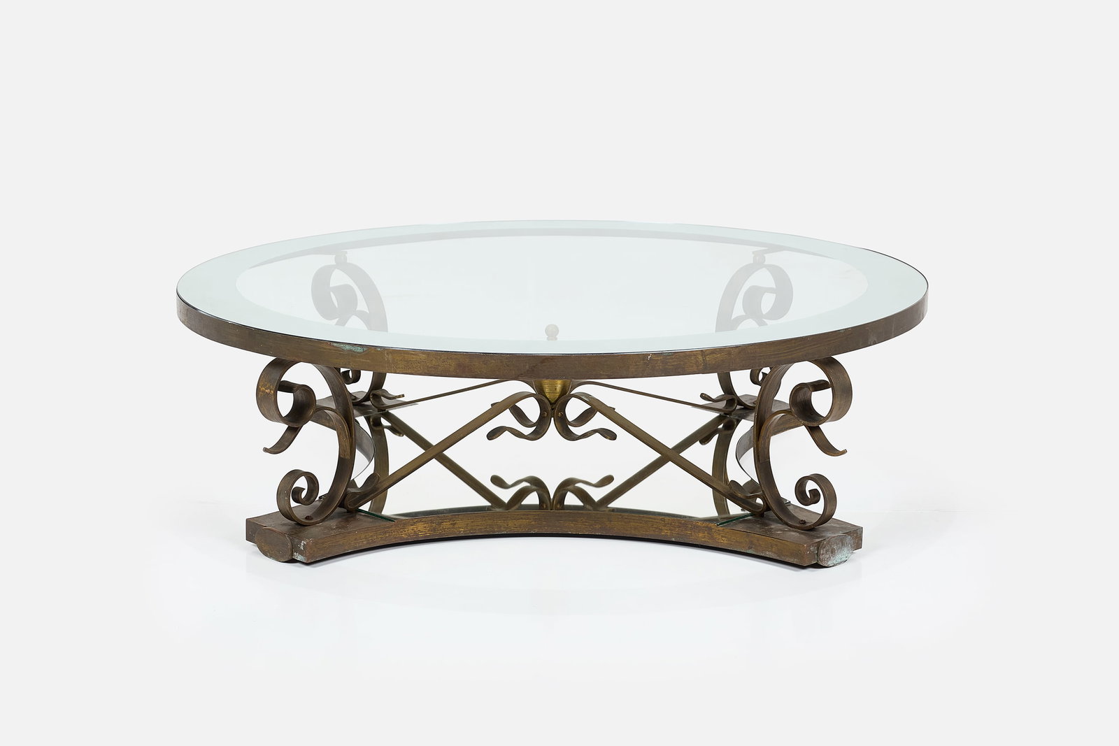 Arturo Pani, Coffee Table: ARTURO PANI Coffee table, 1960s Gilt steel, brass, silvered glass, mirrored glass. Made in Mexico. 14.25" H x 51.25" Diameter