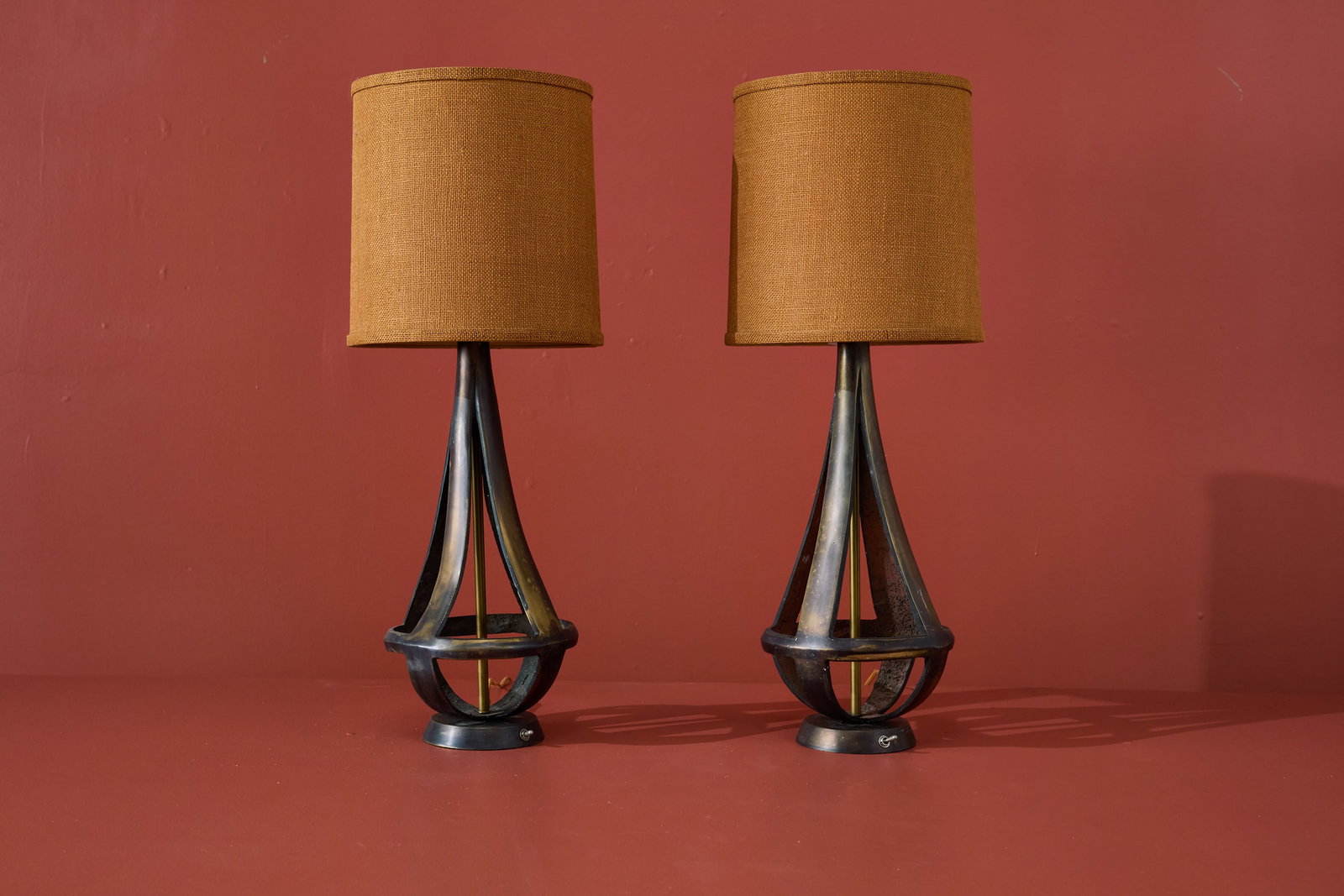 Arturo Pani, Table Lamps (2): ARTURO PANI Pair of table lamps, 1960s Bronze, brass, burlap. Made in Mexico. 31.5" H x 9" Diameter Shade: 11.25" 